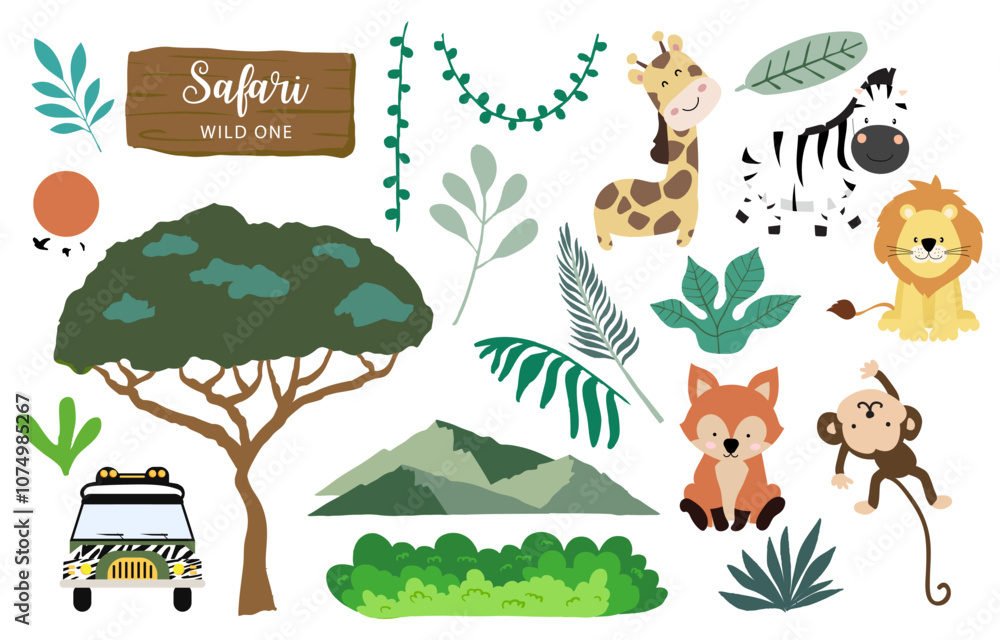 Obraz premium Set of safari object element with animal, car and tree