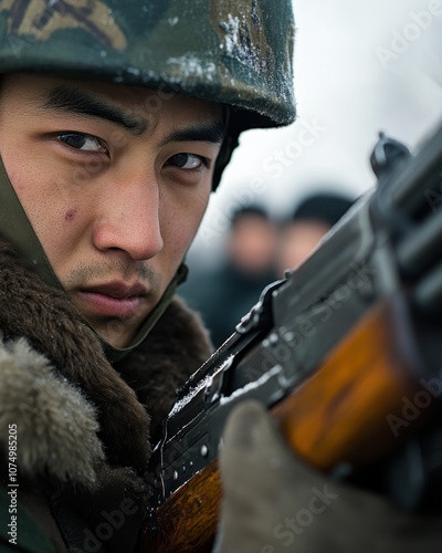 North Korean soldier aiming a firearm during winter training exercise in an undisclosed location photo