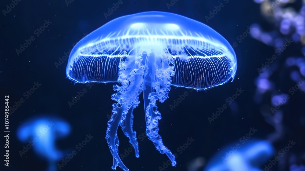 Close-up of a translucent comb jelly pulsating gracefully in dark water, showcasing the mesmerizing bioluminescence and delicate marine life. Close-up of a translucent comb jelly pulsating gracefully in dark water, showcasing the mesmerizing bioluminescence and delicate marine life.