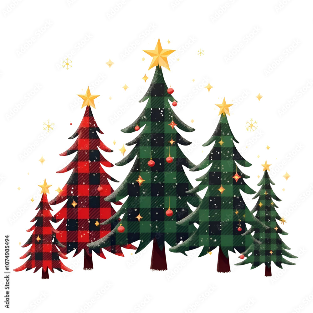 Six Christmas trees with various decorations. Two have red and black plaid Six Christmas trees with various decorations. Two have red and black plaid