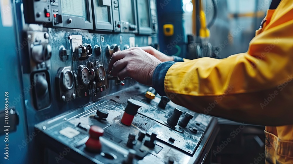 Worker's Hand on Industrial Control Panel with Gauges and Buttons Worker's Hand on Industrial Control Panel with Gauges and Buttons