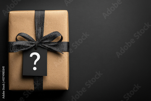 wrapped gift box with question mark tag, symbolizing mystery and surprise. Perfect for celebrations or special occasions