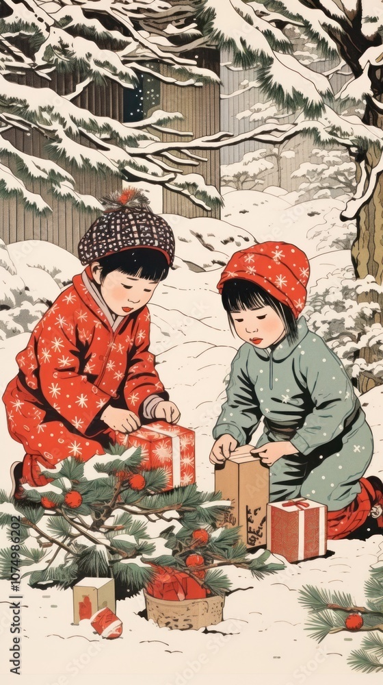 Obraz premium Children opening christmas presents drawing baby togetherness.