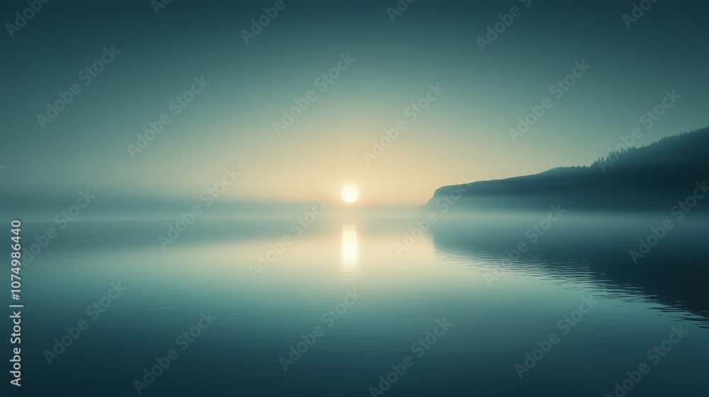 Foggy sunrise over calm lake, peaceful and serene natural landscape Foggy sunrise over calm lake, peaceful and serene natural landscape