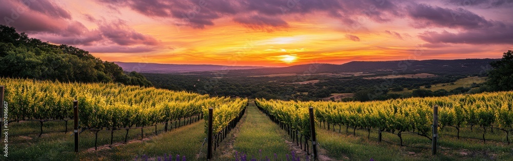 Naklejka premium Stunning sunset over the Texas Hill Country vineyards surrounded by lush greenery and vibrant wildflowers