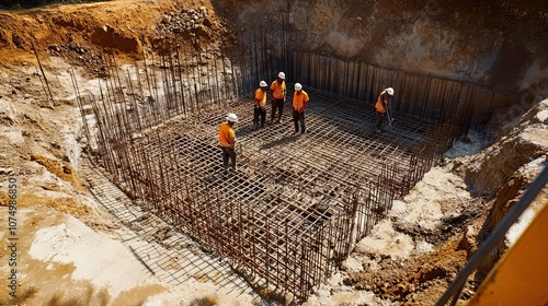 Construction Workers Inspecting Reinforced Concrete Foundation photo