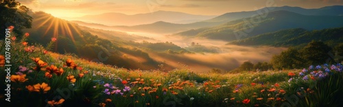 A stunning view of the Blue Ridge Mountains at sunrise with lush flowers blooming in a vibrant meadow