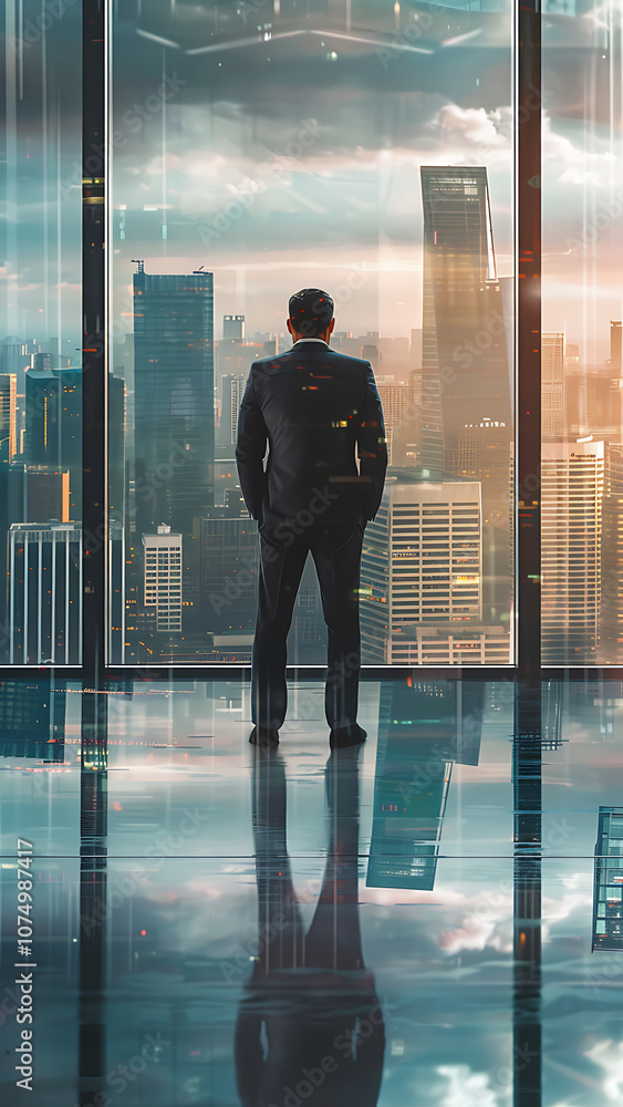 Fototapeta premium Man Overlooking City from Skyscraper Observation Deck