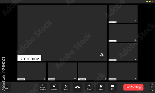 Virtual meeting platform interface showing multiple empty participant slots and a prominent username label in a dark theme