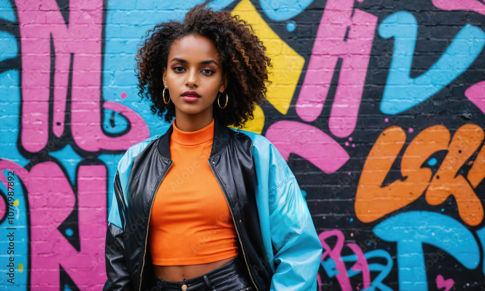 Fototapeta premium A young woman stands in front of a colorful graffiti wall