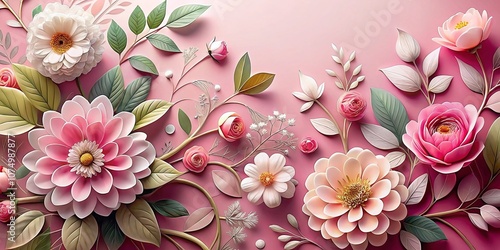 3D Pink & White Flowers Panoramic Background AI Art