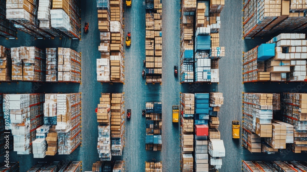 Bird's-eye view of an organized warehouse floor showing efficient storage and movement of goods during daylight hours Bird's-eye view of an organized warehouse floor showing efficient storage and movement of goods during daylight hours