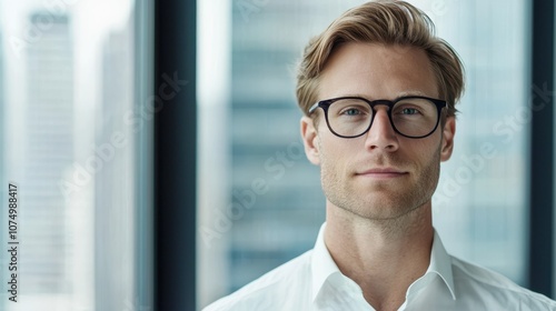 Handsome 35 years old gentle blond hair caucasian man wearing glasses and a white shirt is standing in front of a window. He has a serious expression on his face