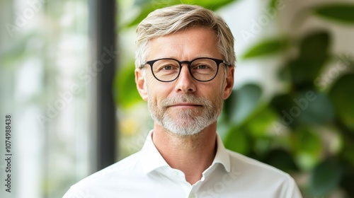 Handsome 50 years old gentle blond hair caucasian man with glasses is smiling at the camera. He is wearing a white shirt and he is in a comfortable and relaxed mood