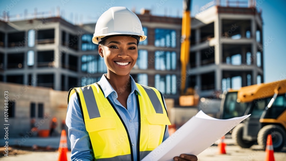A construction manager stands confidently with blueprints in hand at a busy building site. The worker wears a hard hat and safety vest, actively supervising the project progress A construction manager stands confidently with blueprints in hand at a busy building site. The worker wears a hard hat and safety vest, actively supervising the project progress
