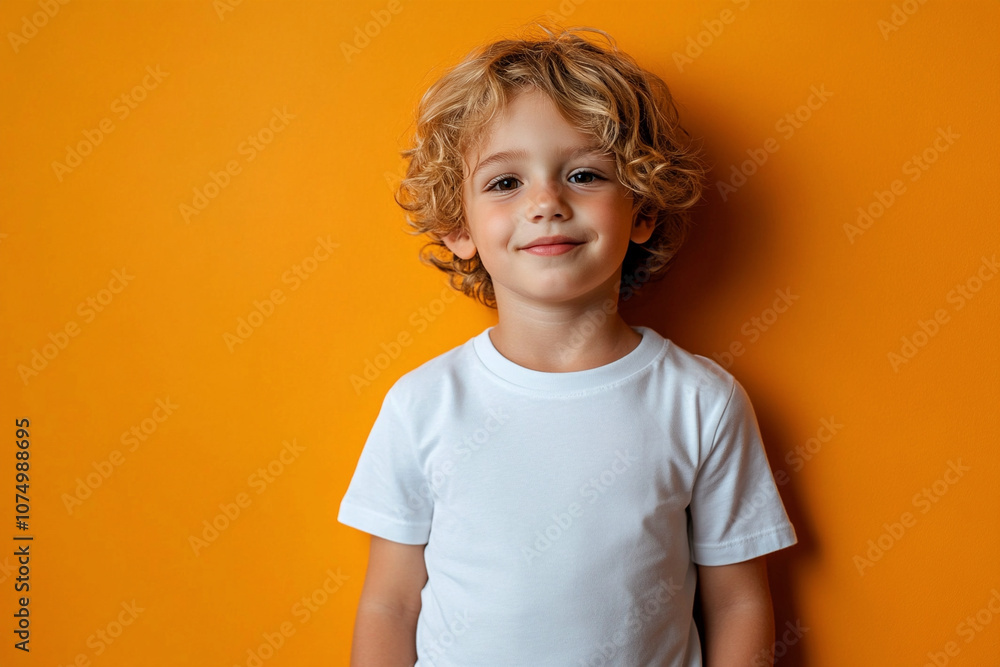 Nordic boy with blond long curly hair in white t-shirt on yellow background. Mockup template for brand, print and advertising. Studio shooting of cute little model. Nordic boy with blond long curly hair in white t-shirt on yellow background. Mockup template for brand, print and advertising. Studio shooting of cute little model.
