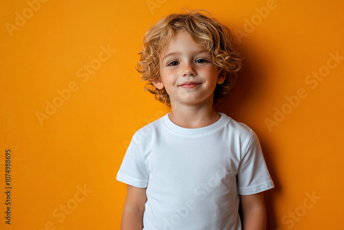 Nordic boy with blond long curly hair in white t-shirt on yellow background. Mockup template for brand, print and advertising. Studio shooting of cute little model.