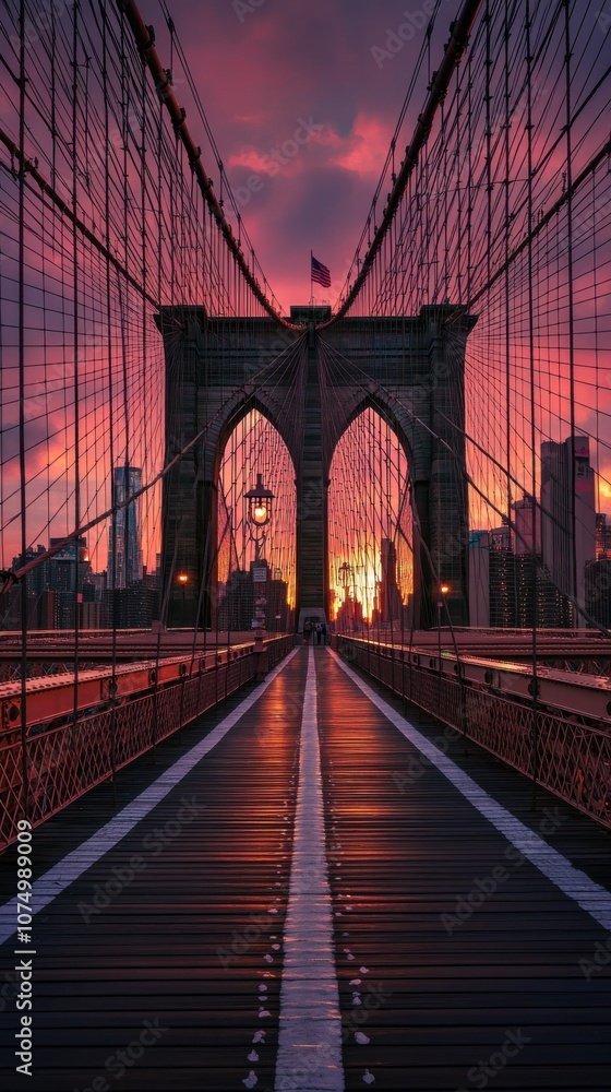 Fototapeta premium A stunning sunset view from the Brooklyn Bridge showcasing the iconic architecture against a vibrant sky