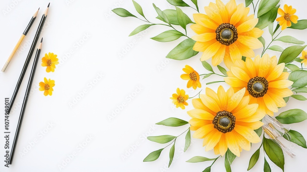 Naklejka premium A sunflower-themed greeting card with vibrant yellow flowers on a white background, perfect for birthday or special occasion wishes.