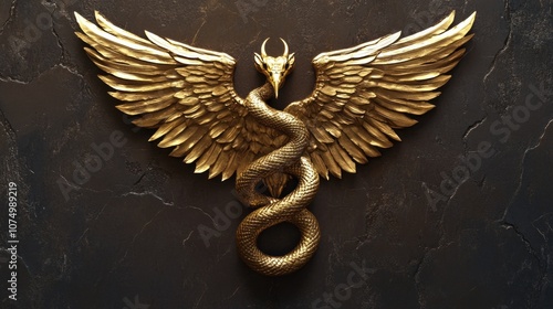 A golden bird with a horn on its head and a snake wrapped around it. The snake is curled around the bird, creating a sense of mystery and power