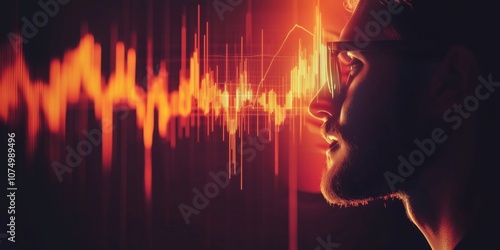 Sound wave visualization, profile of man with glasses, digital effects