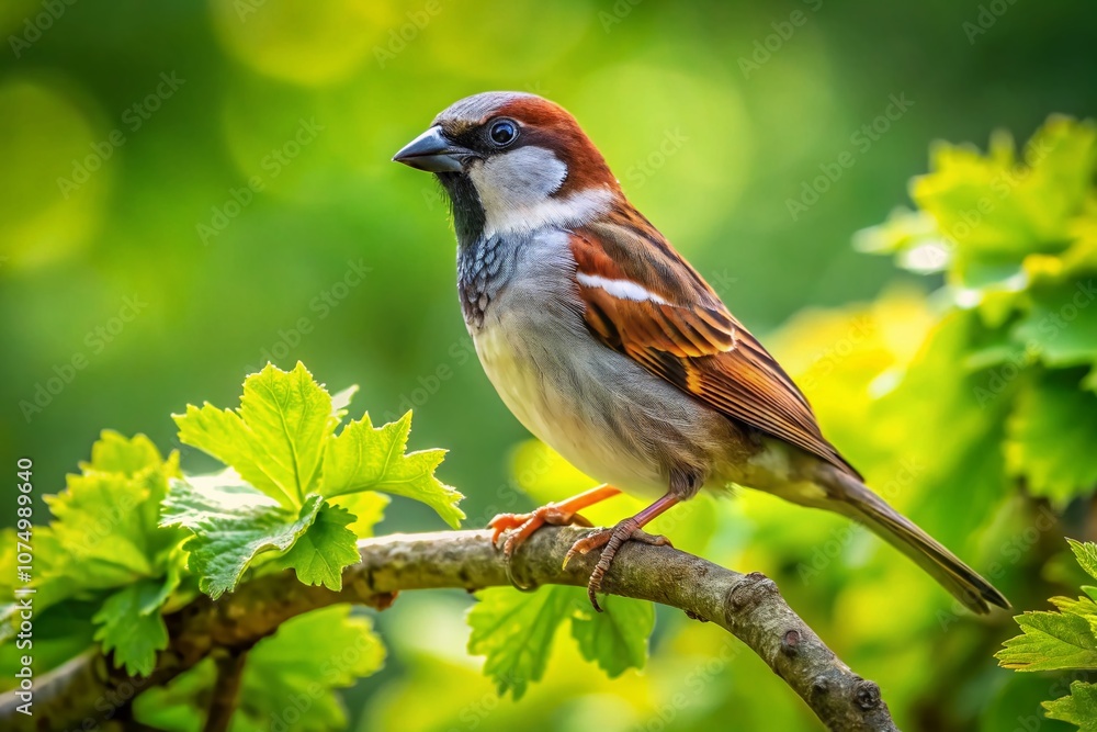 A house sparrow perched on a branch, captured from above by a drone. A house sparrow perched on a branch, captured from above by a drone.
