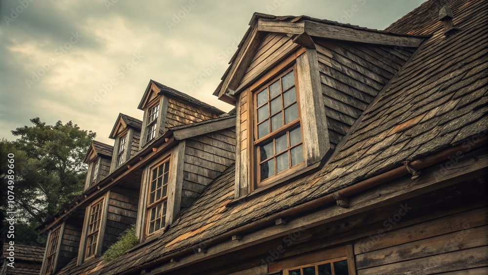 Aged wood sheathing adorns dormers in architectural detail. Aged wood sheathing adorns dormers in architectural detail.