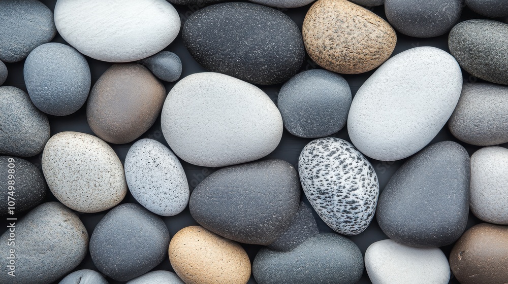 A collection of smooth pebbles in various colors and shapes arranged naturally on a surface A collection of smooth pebbles in various colors and shapes arranged naturally on a surface