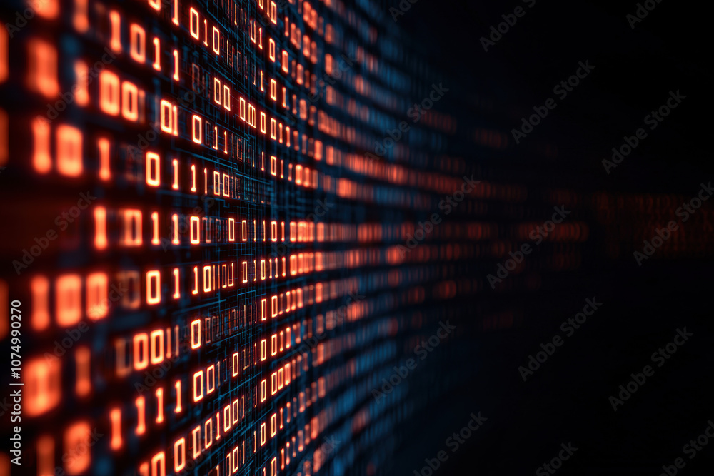 Abstract representation of binary code in glowing orange and blue colors, symbolizing digital technology and data processing.