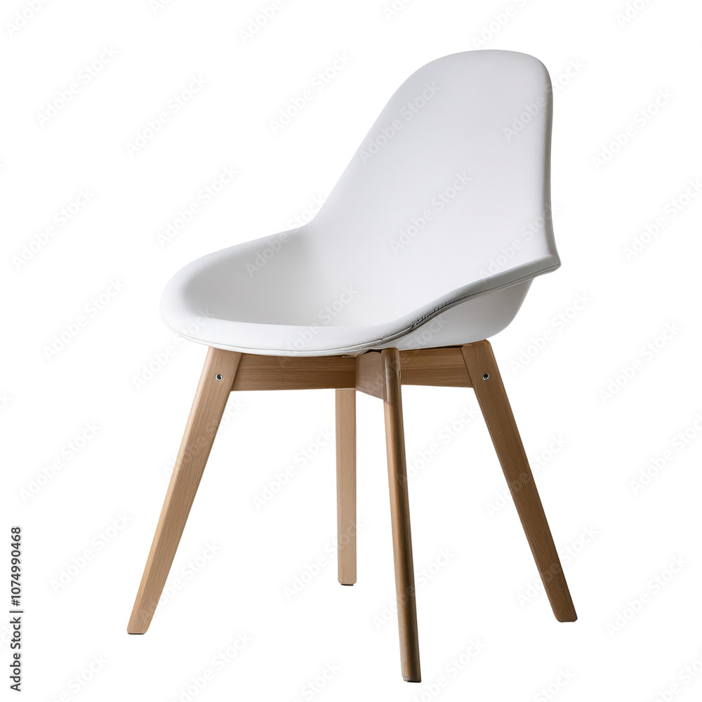 Stylish modern white chair with wooden legs, perfect for contemporary interiors, transparent background