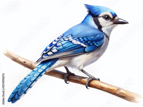 A single blue jay, rendered in minimalist watercolor, stands against a pale blue background. photo