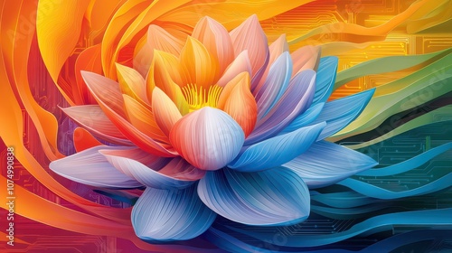 Lotus flower blossoms in digital harmony among vibrant circuits, symbolizing spirituality and technology in wellness. 