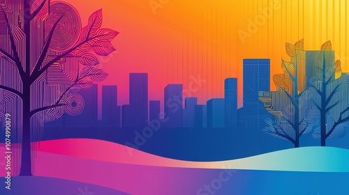 A harmonious fusion of nature and technology in a futuristic landscape, with circuit trees and vibrant colored leaves. 