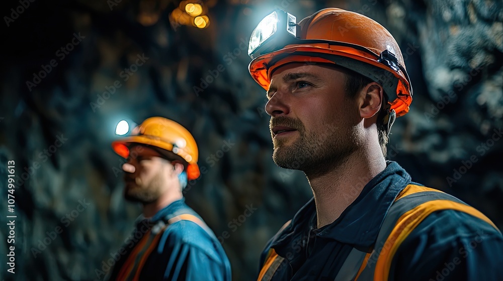 Two Miners Wearing Hard Hats and Headlamps in a Dark Underground Mine Two Miners Wearing Hard Hats and Headlamps in a Dark Underground Mine