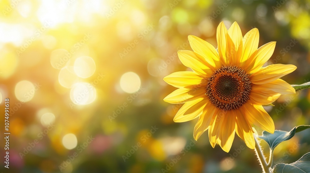 Obraz premium Sunflower blooms brightly under the warm sunlight in a lush garden
