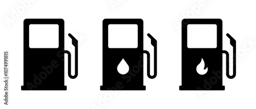 Set of gas station icons featuring gasoline industry symbols. Includes oil refuel, fuel pump, gas tank, and energy station signs