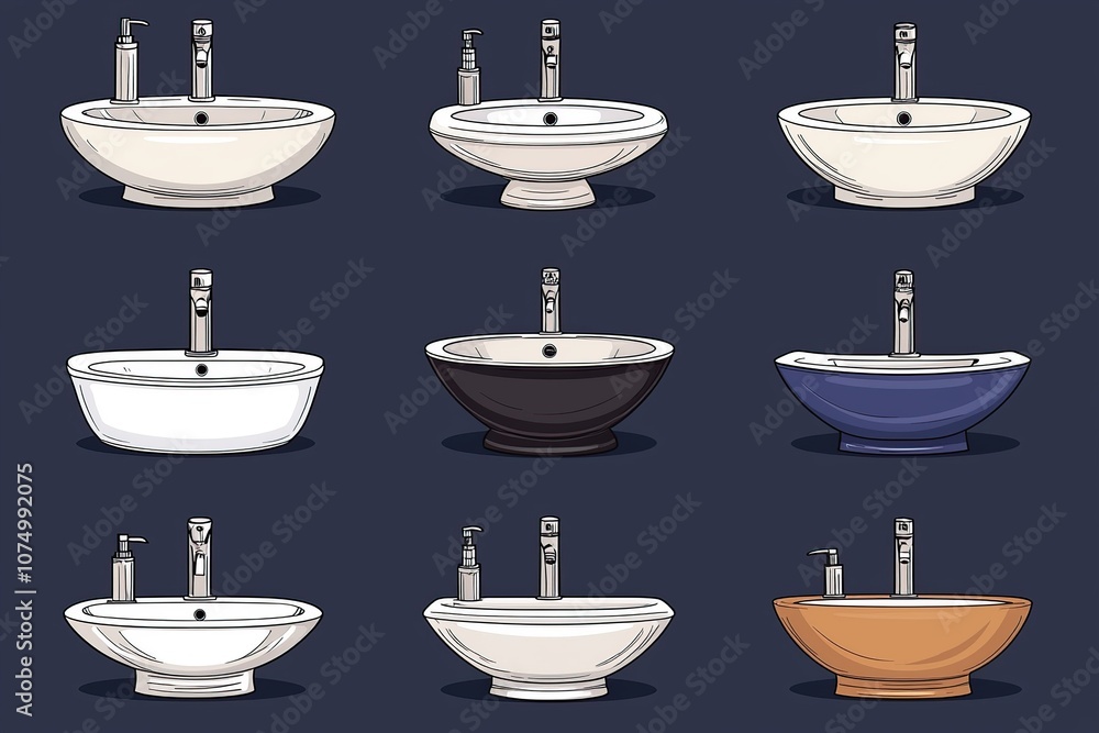 A collection of nine different bathroom sinks, each with a unique style and color. A collection of nine different bathroom sinks, each with a unique style and color.