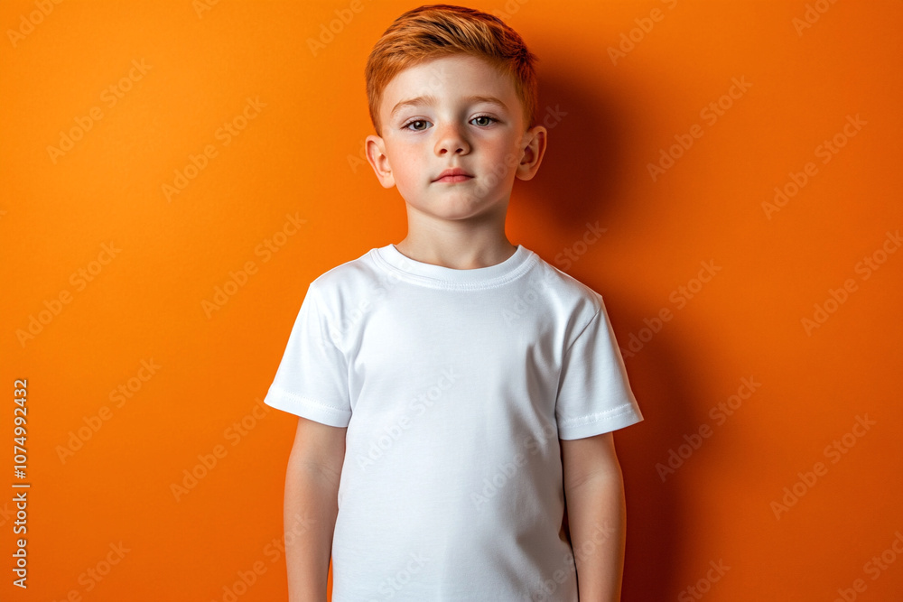 Ginger boy in white t-shirt on orange background. Mockup template for brand, print and advertising. Studio shooting of cute little model. Ginger boy in white t-shirt on orange background. Mockup template for brand, print and advertising. Studio shooting of cute little model.