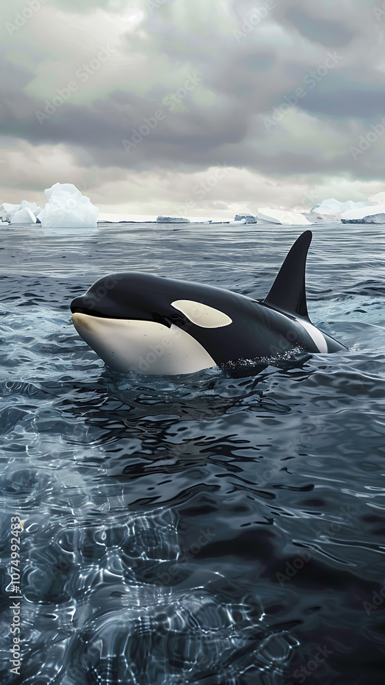 Fototapeta premium Orca Swimming in Stormy Ocean with Dramatic Sky and Waves