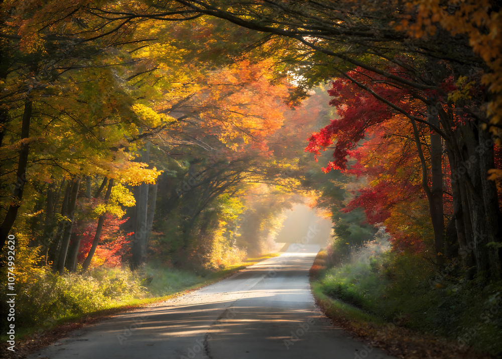 Naklejka premium Autumn Fall Road landscape - trees tunnel and magic light