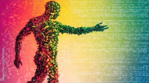 Vibrant fusion of plants, code, and self in contemporary wellness, depicted in colorful silhouette against calming gradients. 