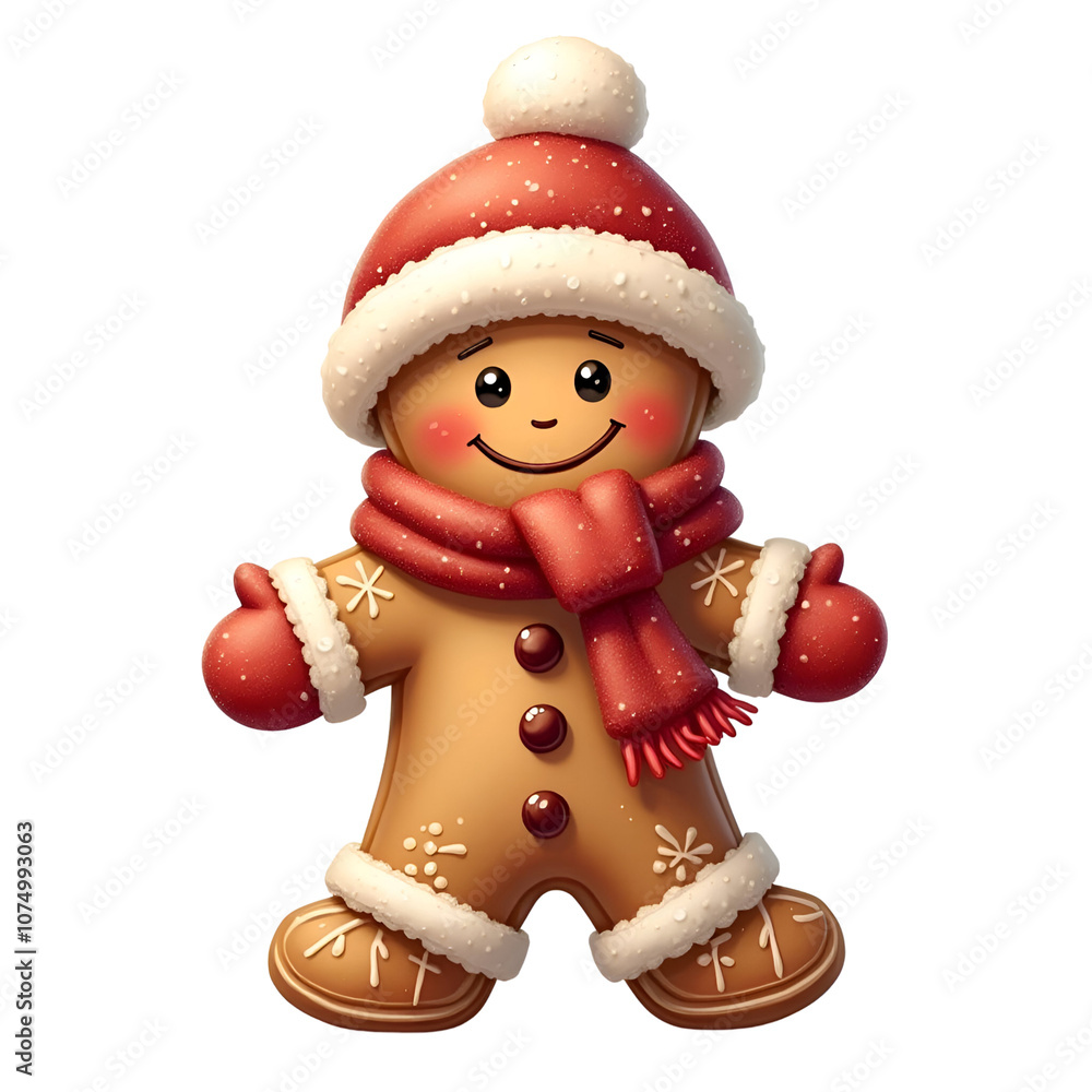 A gingerbread man with a red Santa hat and mittens smiles cheerfully A gingerbread man with a red Santa hat and mittens smiles cheerfully