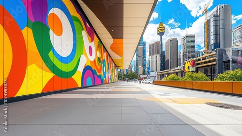 Vibrant murals on city buildings promote mental well-being with surreal, uplifting images in calming gradients. 