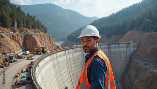 Portrait of an engineer at a dam construction site, showcasing skill and dedication amidst heavy machinery and natural surroundings.

 photo