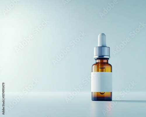 A bottle of medicine with a white label sits on a table