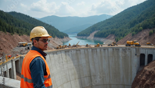 Portrait of an engineer at a dam construction site, showcasing skill and dedication amidst heavy machinery and natural surroundings.

 photo