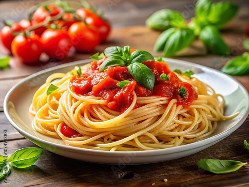 Delicious Spaghetti Pomodoro, Panoramic Plate Shot