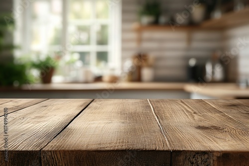 Close-up of a rustic wooden table top with a blurred background of a kitchen.