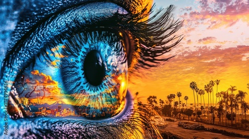 Vibrant street mural of a human eye reflects diverse cultures & modern elements, symbolizing mental health awareness & inclusivity. 