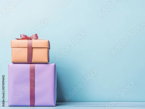 stack of colorful gifts wrapped in pastel paper, featuring pink ribbon, set against light blue background. Perfect for celebrations and special occasions